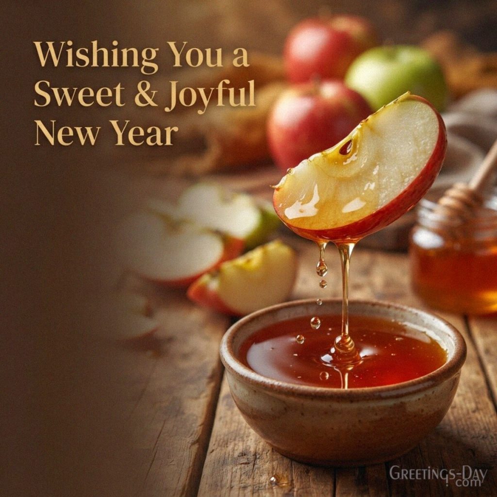 Rosh Hashanah sweet wishes with apples and flowing honey featuring the message “Wishing You a Sweet & Joyful New Year.” with the text 