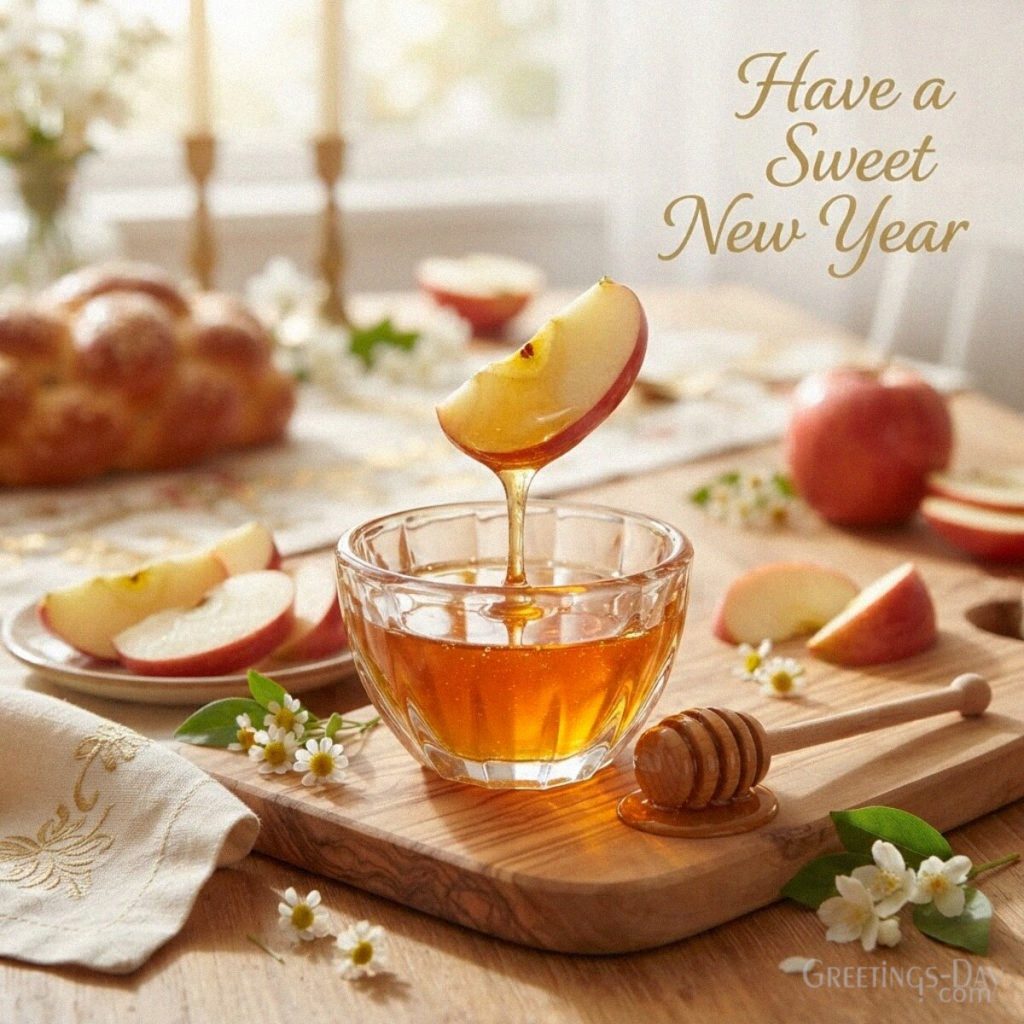 Sweet New Year Rosh Hashanah card with sliced red apples dipped in golden honey and the greeting “Have a Sweet New Year.” with the text