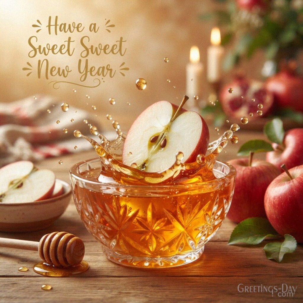 Sweet Rosh Hashanah image with a red apple dipped in golden honey featuring the greeting “Have a Sweet New Year.” with the text