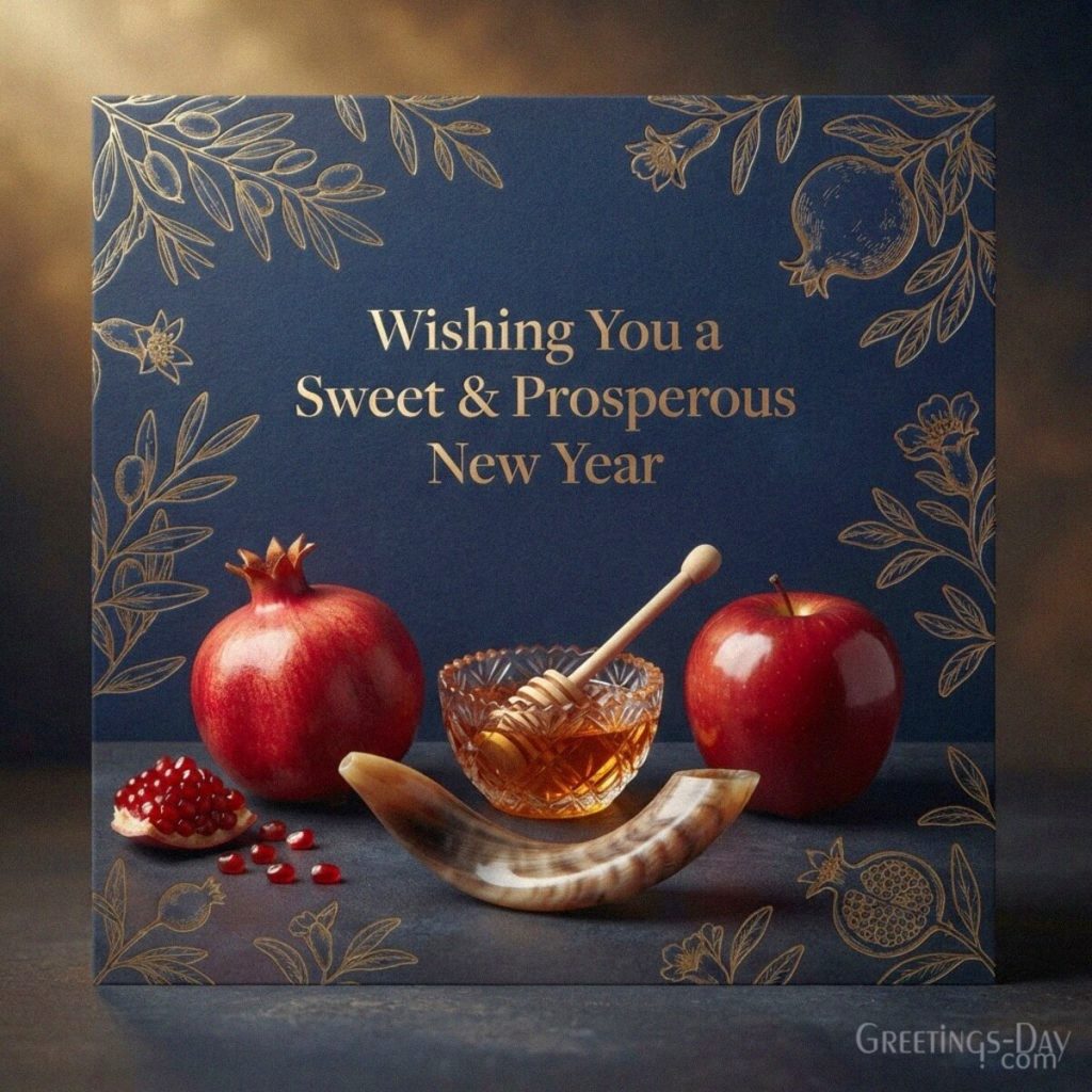 Elegant Rosh Hashanah card with traditional Jewish New Year symbols and the wish “Wishing You a Sweet & Prosperous New Year.” with the text 