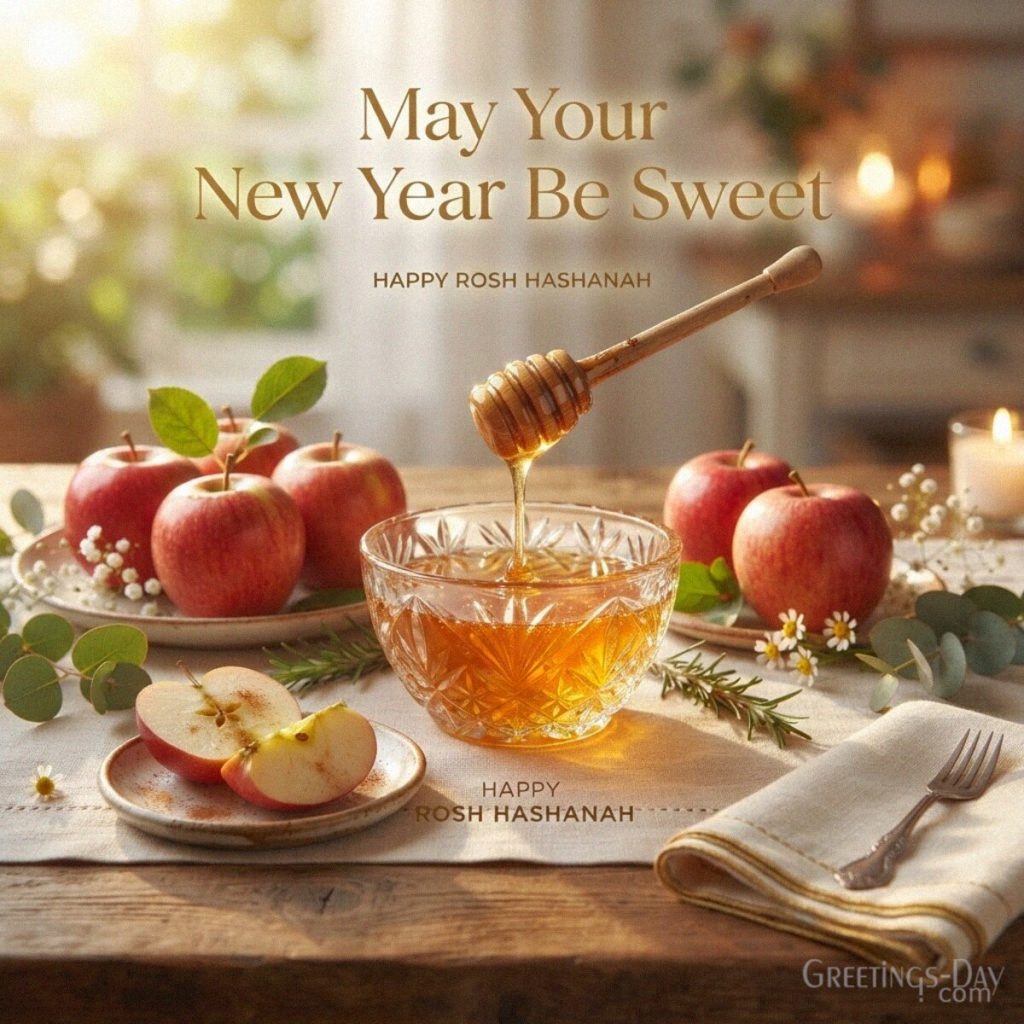 Rosh Hashanah image with apples and honey featuring the sweet Jewish New Year wish “May Your New Year Be Sweet.” with the text 