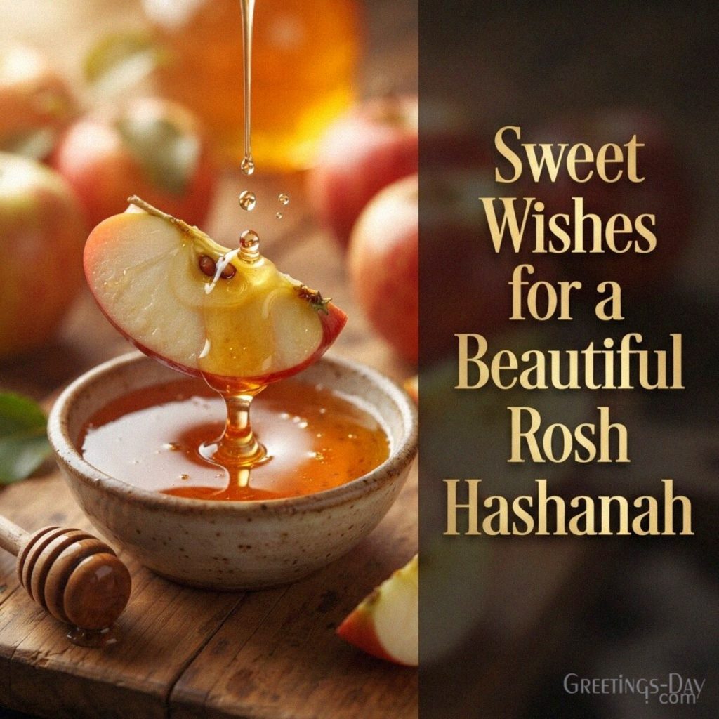 Sweet Rosh Hashanah wishes image with golden honey and apples featuring a beautiful Jewish New Year greeting. with the text 