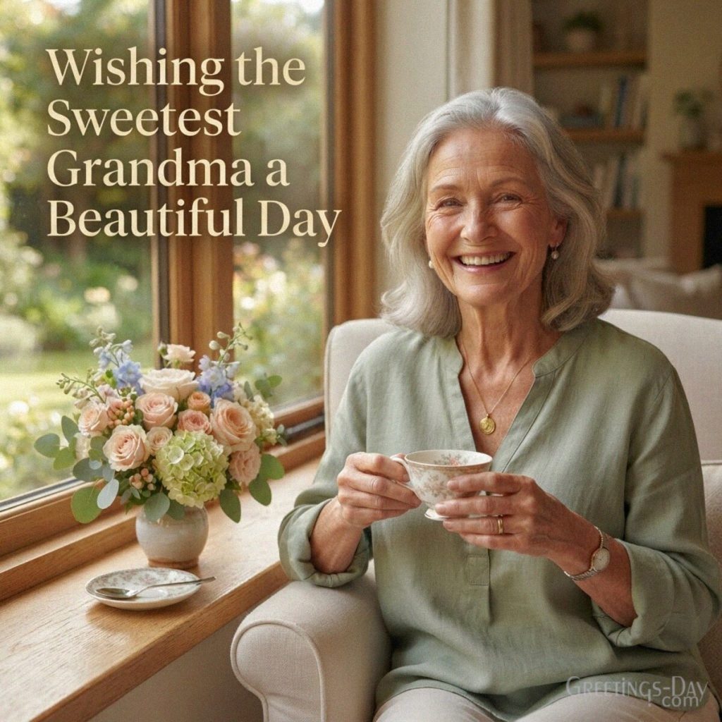 Beautiful Grandparents Day message for Grandma with “Wishing the Sweetest Grandma a Beautiful Day” and garden flowers with the text