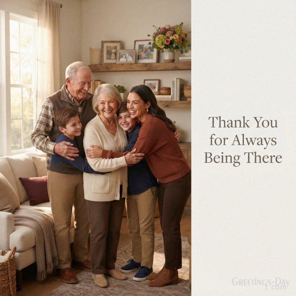 Thank you Grandparents Day message showing grandchildren embracing Grandma and Grandpa with “Thank You for Always Being There” with the text 