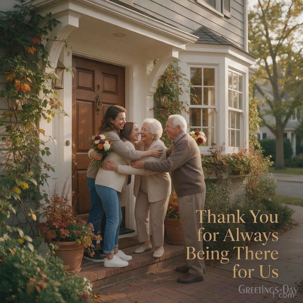 Thank you Grandparents Day message with adult grandchildren hugging Grandma and Grandpa and “Thank You for Always Being There for Us” with the text 