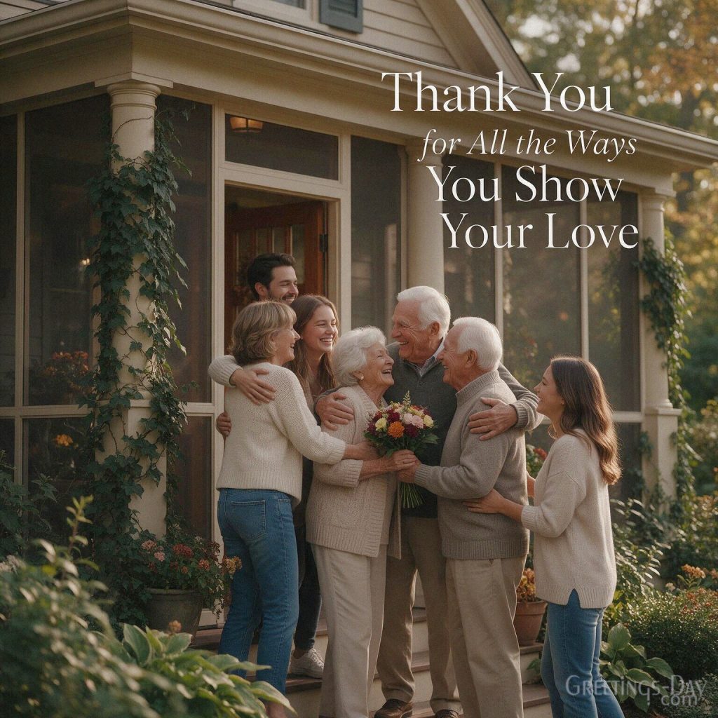 Heartfelt thank you message for grandparents with a family embrace and “Thank You for All the Ways You Show Your Love” with the text