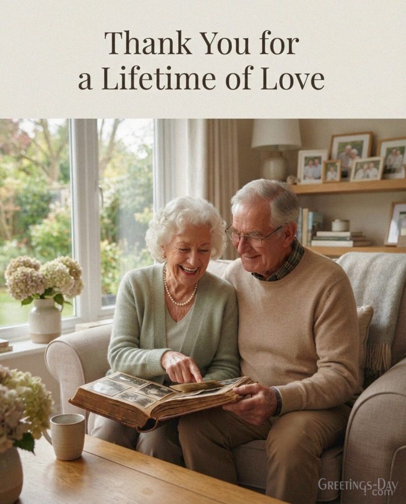 Meaningful Grandparents Day message with grandparents sharing memories and “Thank You for a Lifetime of Love” with the text