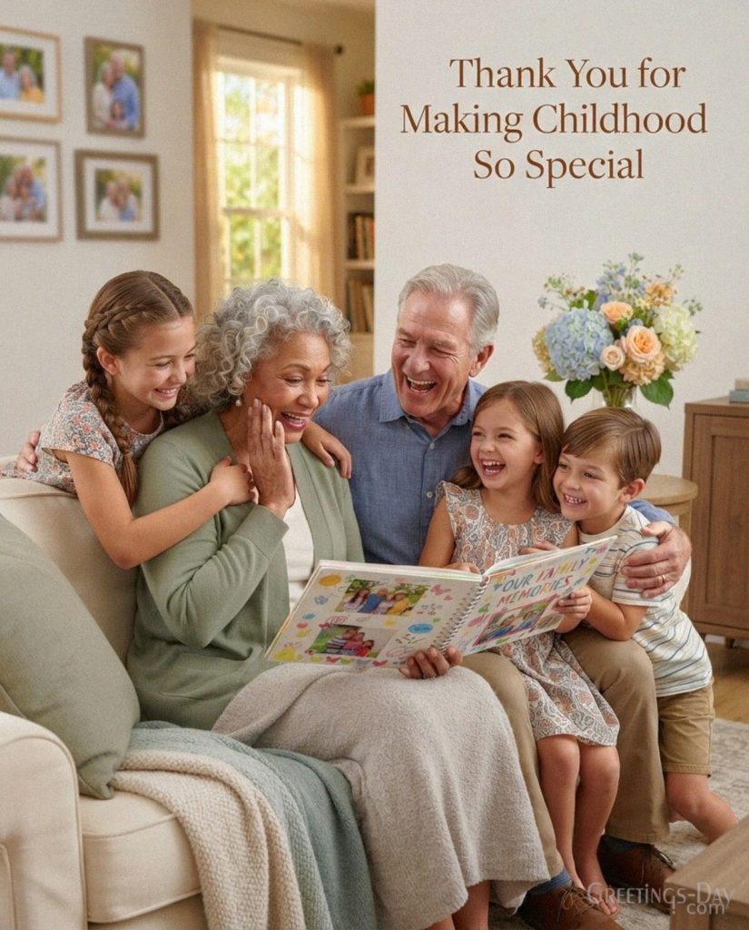 Heartfelt message from grandkids to grandparents with a handmade scrapbook and “Thank You for Making Childhood So Special” with the text 