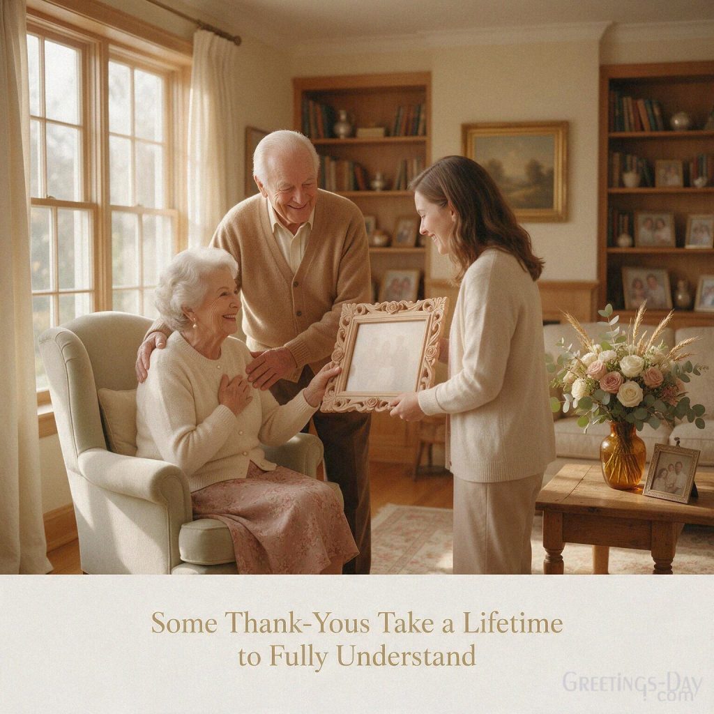 Meaningful thank you grandparents quote during an emotional family visit and “Some Thank-Yous Take a Lifetime to Fully Understand” with the text 