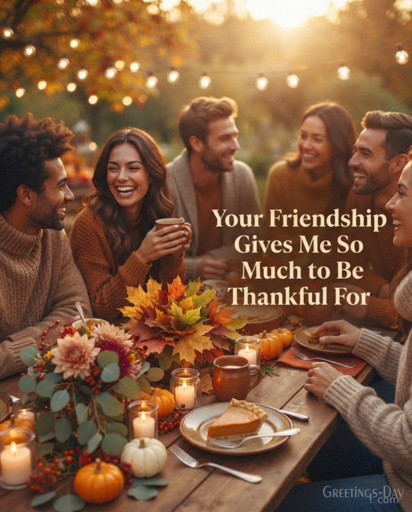 Thankful friendship message with friends gathered for Thanksgiving featuring “Your Friendship Gives Me So Much to Be Thankful For” with the text