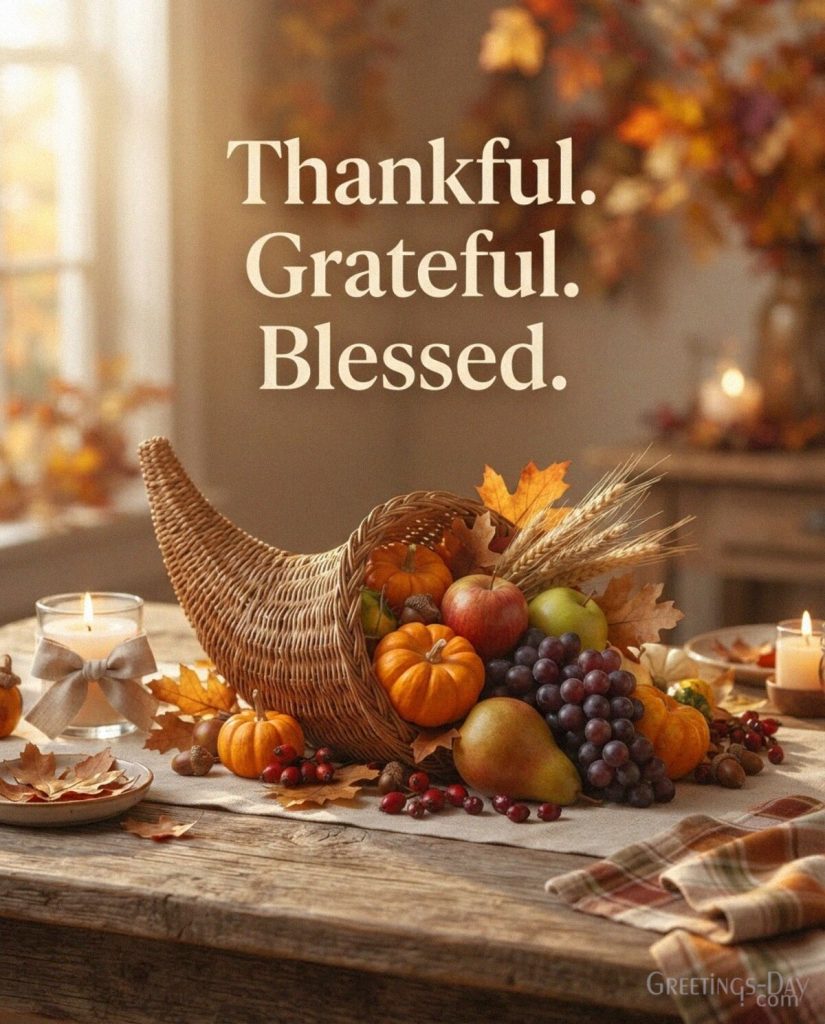 Thankful Grateful Blessed Thanksgiving card with pumpkins