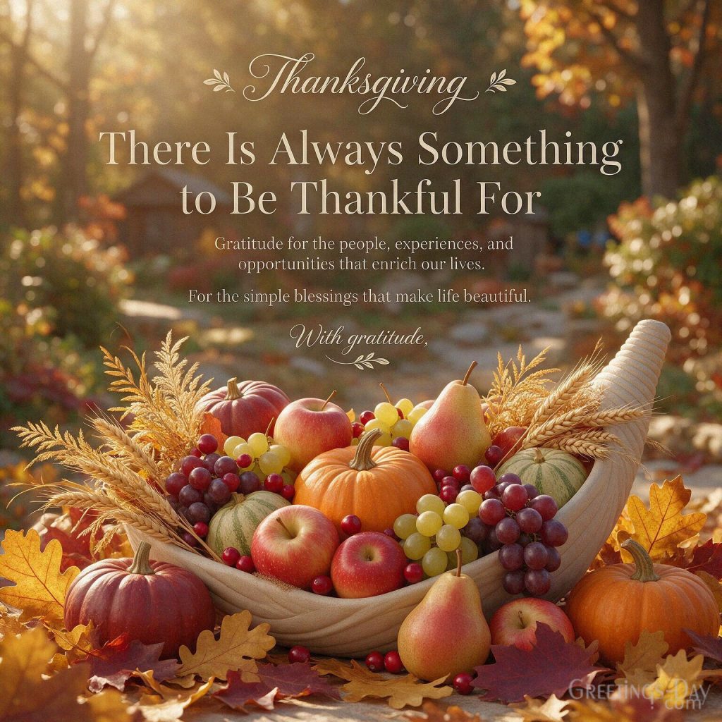 Thanksgiving gratitude message with cornucopia and autumn harvest featuring “There Is Always Something to Be Thankful For” with the text