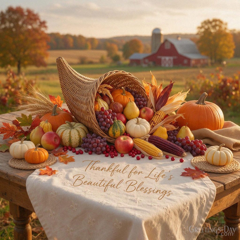 Thankful Thanksgiving image with a rich fall harvest and the heartfelt message “Thankful for Life’s Beautiful Blessings” with the text