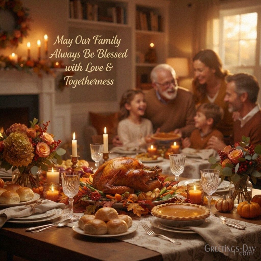 Thanksgiving blessings for family with a cozy holiday dinner featuring “May Our Family Always Be Blessed with Love & Togetherness” with the text