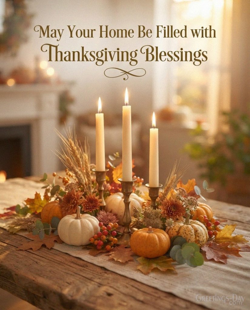 Warm Thanksgiving blessing card with candles and fall harvest decor featuring “May Your Home Be Filled with Thanksgiving Blessings” with the text 