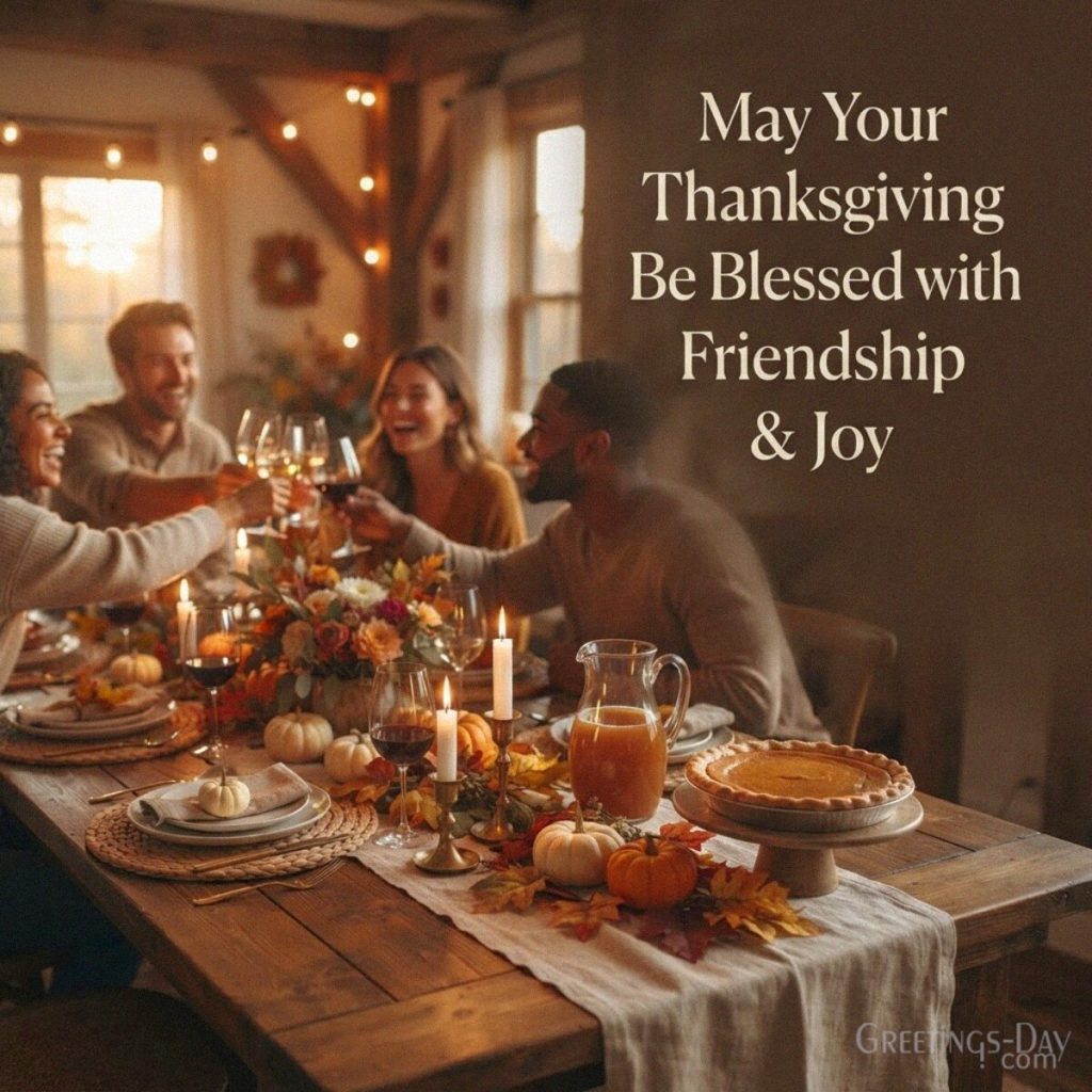 Thanksgiving blessings for friends with a cozy Friendsgiving gathering featuring “May Your Thanksgiving Be Blessed with Friendship & Joy” with the text