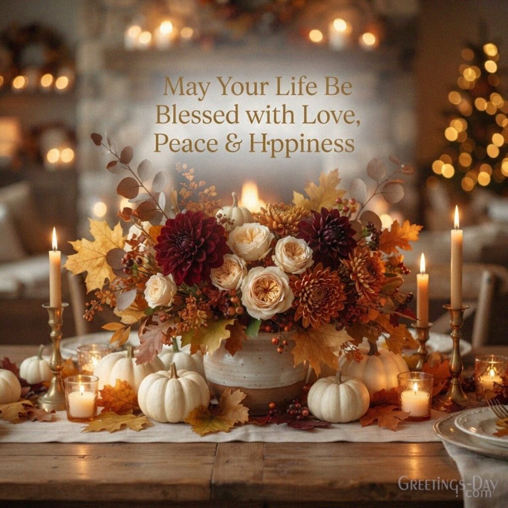 Thanksgiving blessing for loved ones with elegant autumn flowers and candles featuring “May Your Life Be Blessed with Love