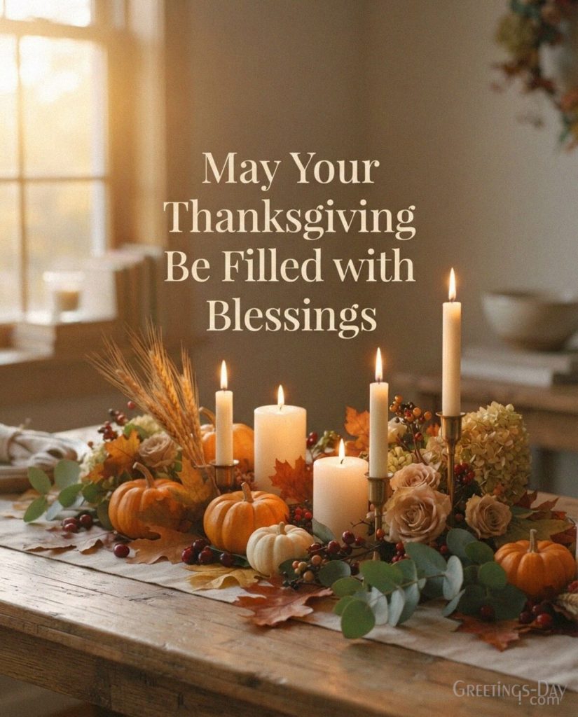 Peaceful Thanksgiving blessings image with candles and fall decor featuring “May Your Thanksgiving Be Filled with Blessings” with the text 