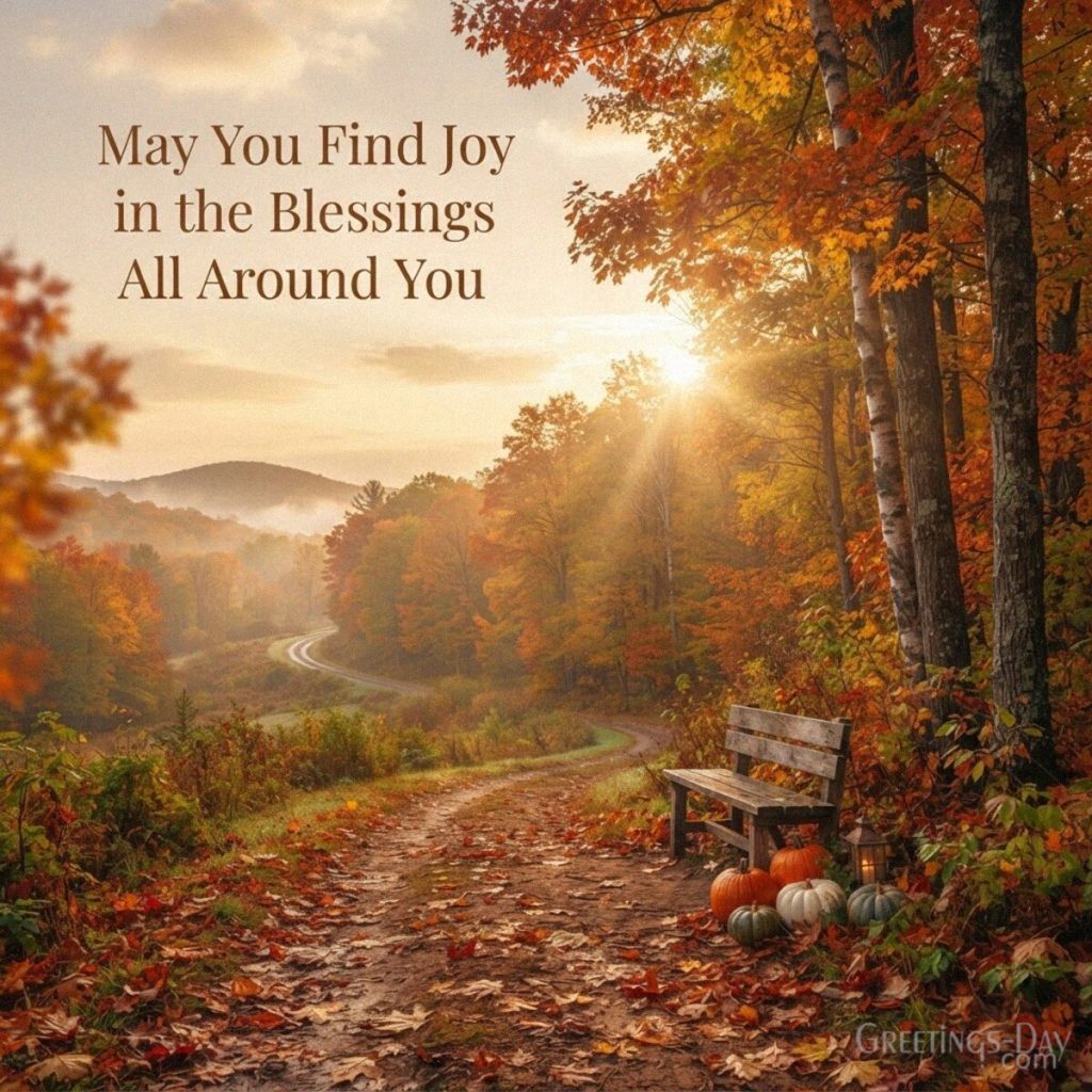 Inspirational Thanksgiving blessing with colorful autumn scenery featuring “May You Find Joy in the Blessings All Around You” with the text 