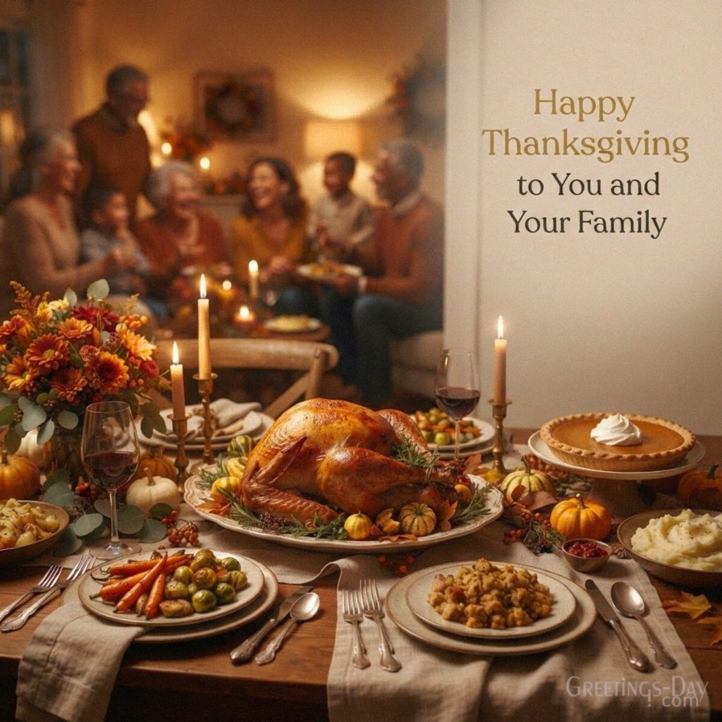 Thanksgiving card for family featuring a cozy holiday dinner table and the wish “Happy Thanksgiving to You and Your Family” with the text 