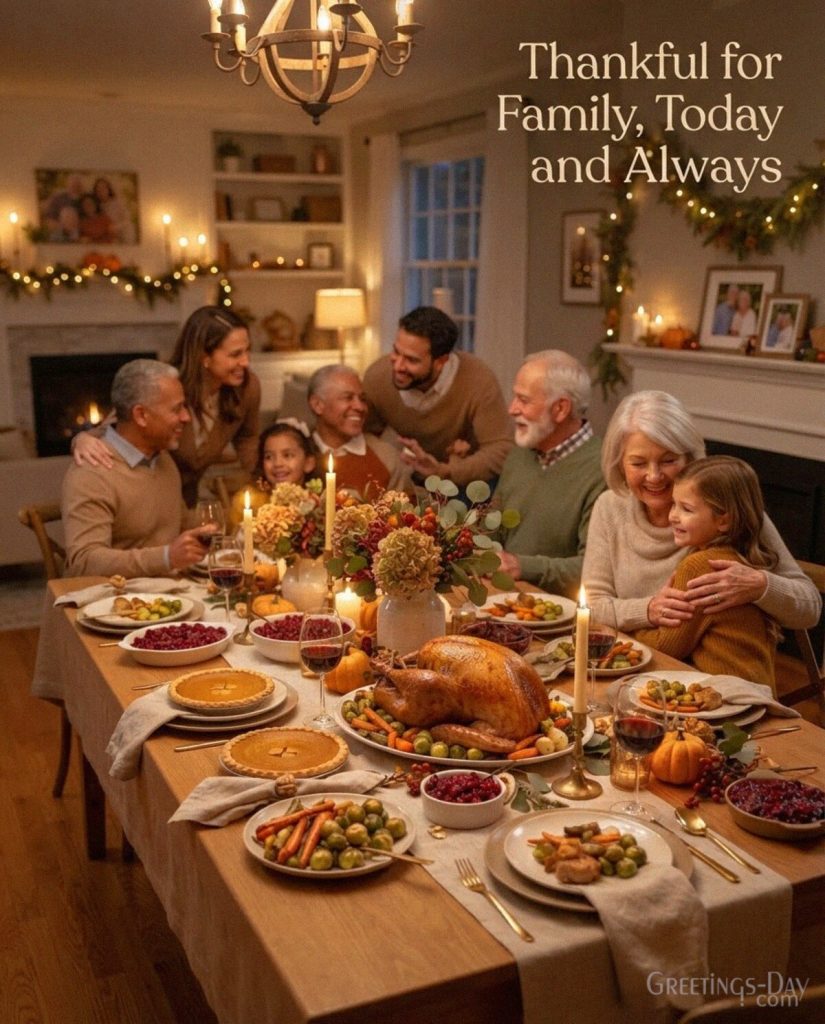 Thanksgiving family image with a warm holiday gathering and the heartfelt message “Thankful for Family