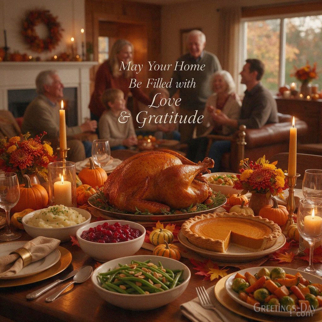 Heartfelt Thanksgiving picture for family with a cozy home dinner and “May Your Home Be Filled with Love & Gratitude” with the text