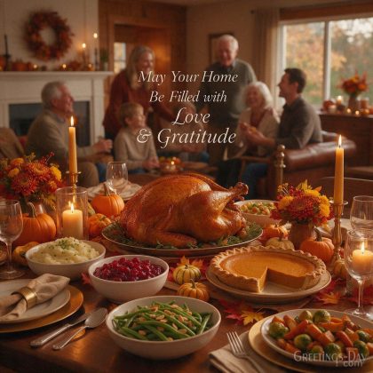 Heartfelt Thanksgiving picture for family with a cozy home dinner and “May Your Home Be Filled with Love & Gratitude” with the text "May Your Home Be Filled with Love & Gratitude"