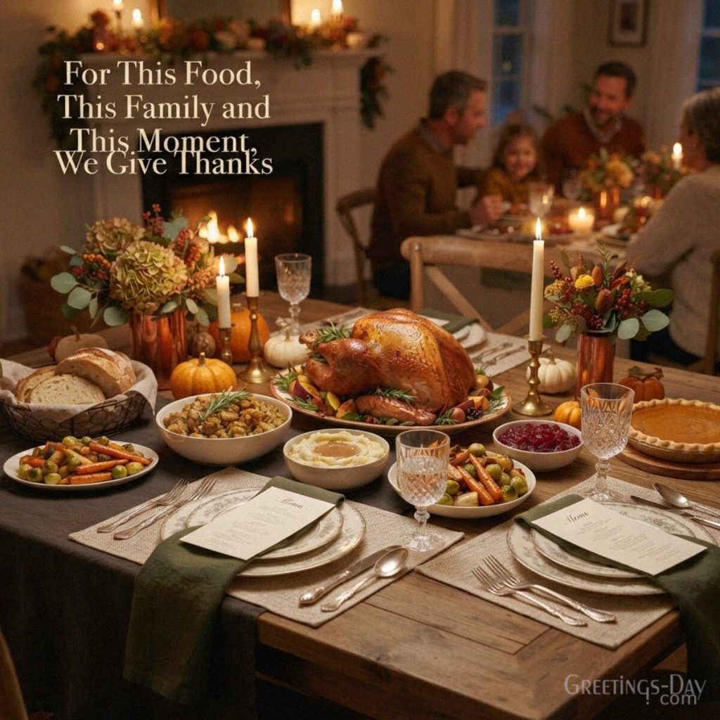 Thanksgiving table blessing with traditional holiday feast featuring “For This Food