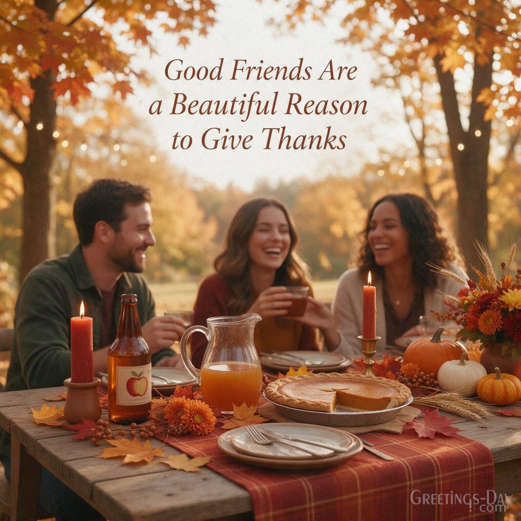 Thanksgiving message for friends with a warm autumn gathering featuring “Good Friends Are a Beautiful Reason to Give Thanks” with the text 