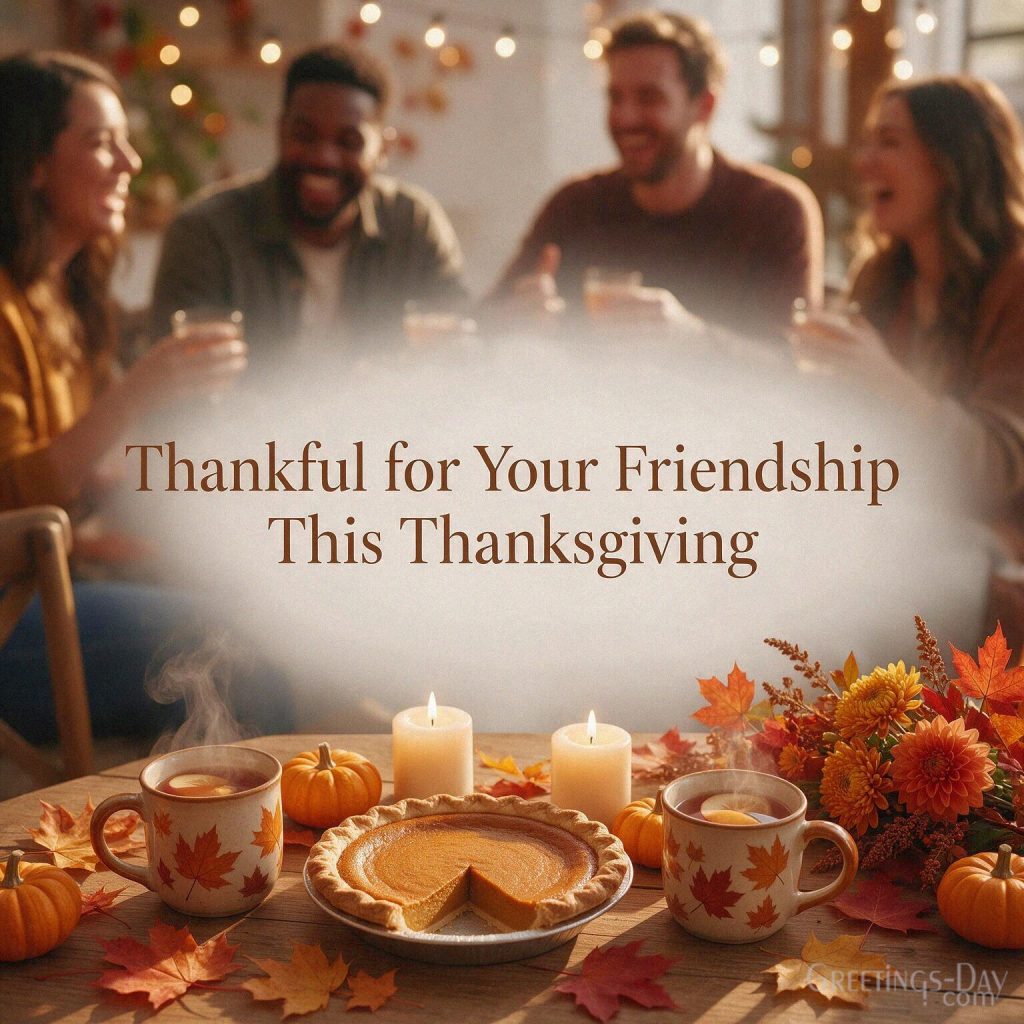 Thanksgiving friendship wishes with friends gathered in autumn featuring “Thankful for Your Friendship This Thanksgiving” with the text