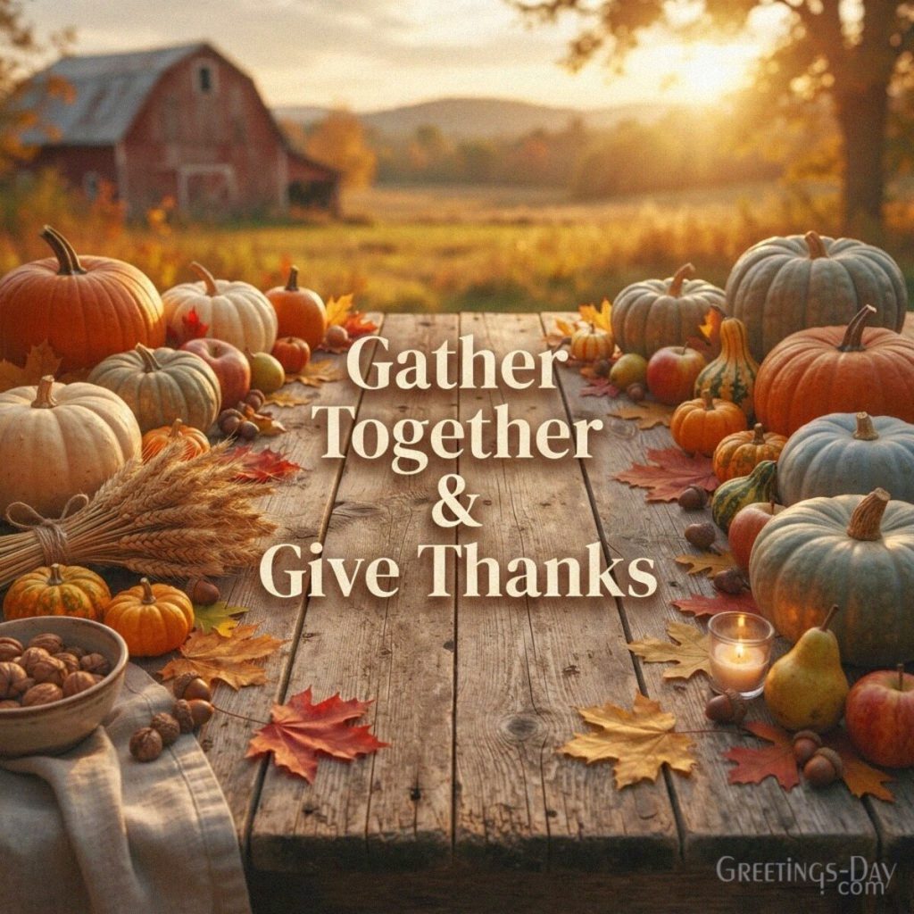 Rustic Thanksgiving greeting card with pumpkins and fall harvest scenery featuring “Gather Together & Give Thanks” with the text