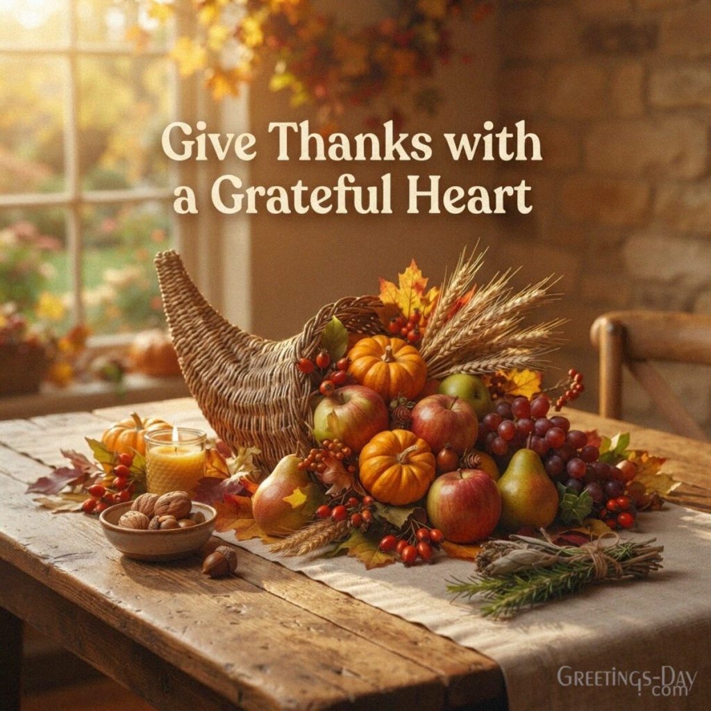 Thanksgiving gratitude card with a harvest cornucopia