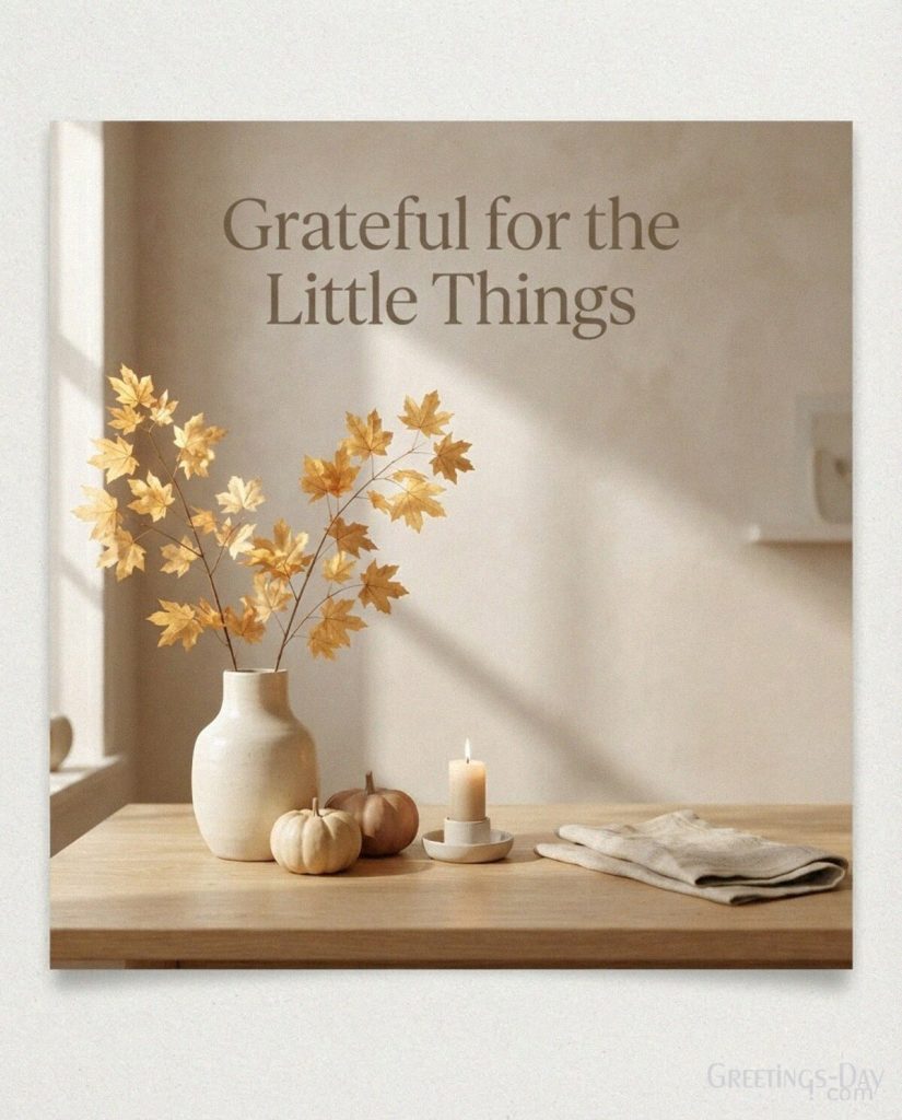 Cozy Thanksgiving gratitude card with warm fall decor and the meaningful message “Grateful for the Little Things” with the text