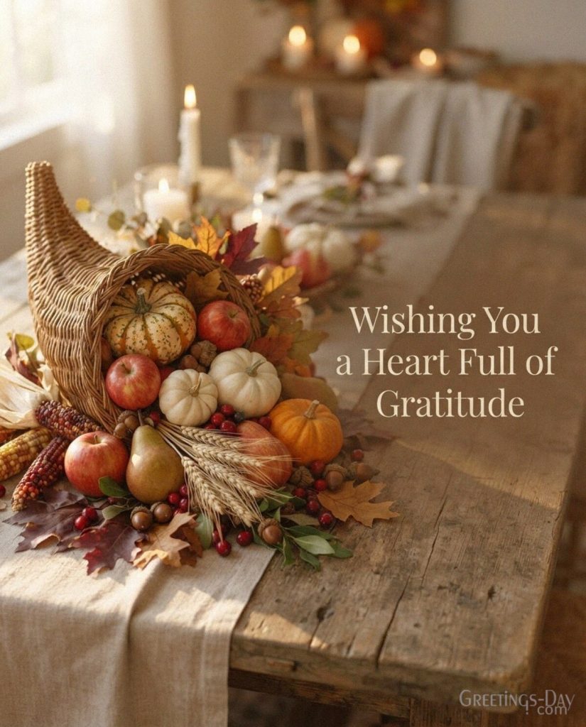 Thanksgiving gratitude wishes with pumpkins and harvest fruit featuring “Wishing You a Heart Full of Gratitude” with the text 