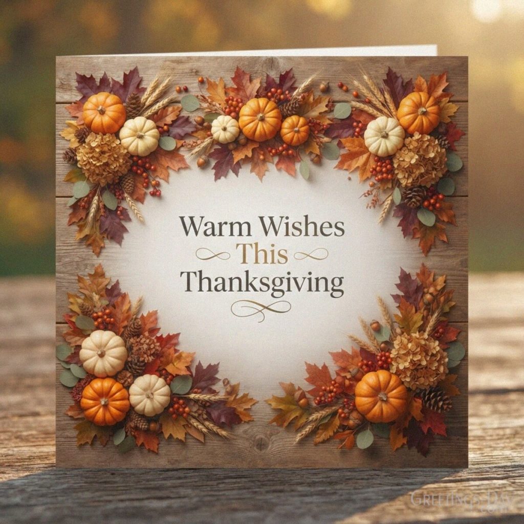 Warm Thanksgiving greeting card with pumpkins