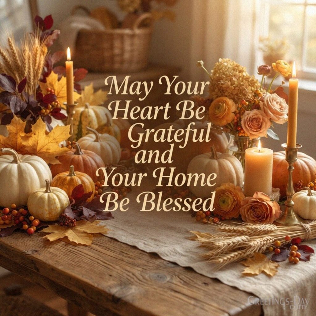 Happy Thanksgiving blessing with pumpkins and glowing candles featuring “May Your Heart Be Grateful and Your Home Be Blessed” with the text 