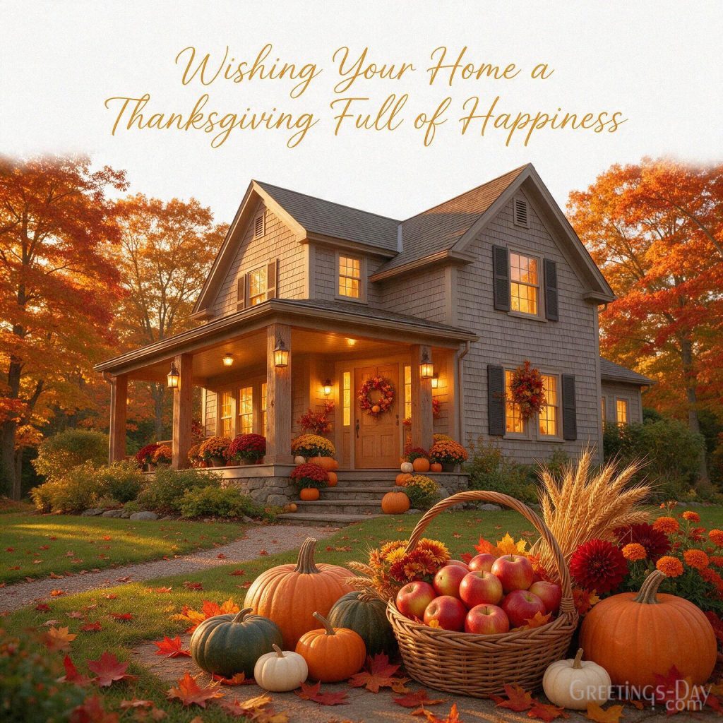 Warm Thanksgiving home wishes with an autumn farmhouse featuring “Wishing Your Home a Thanksgiving Full of Happiness” with the text