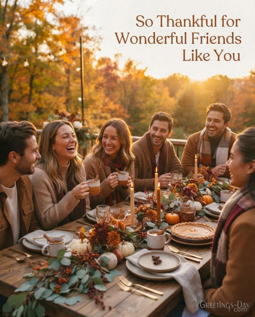 Thanksgiving image for friends with autumn food and warm lights featuring “So Thankful for Wonderful Friends Like You” with the text 