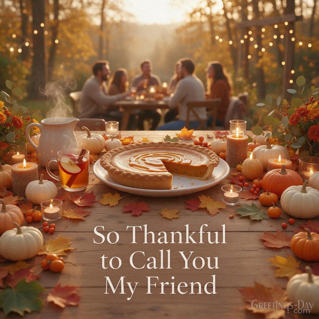 Thanksgiving message for a friend with a cozy Friendsgiving scene featuring “So Thankful to Call You My Friend” with the text