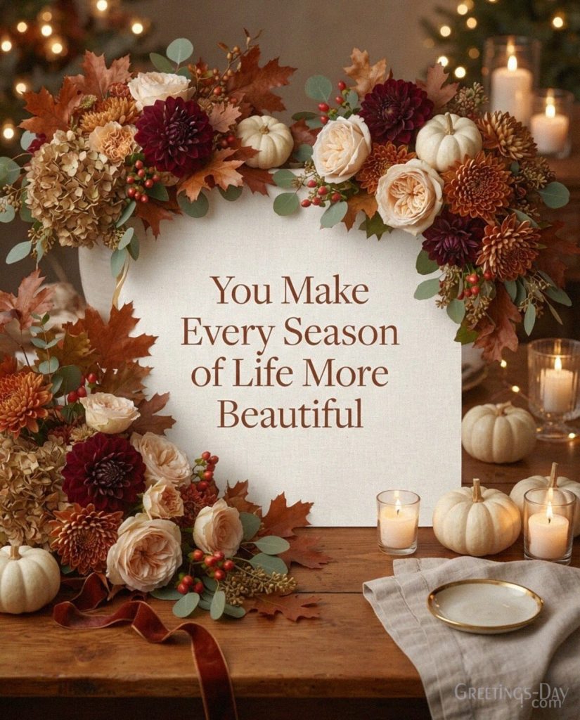 Heartfelt Thanksgiving message for someone special with fall florals featuring “You Make Every Season of Life More Beautiful” with the text