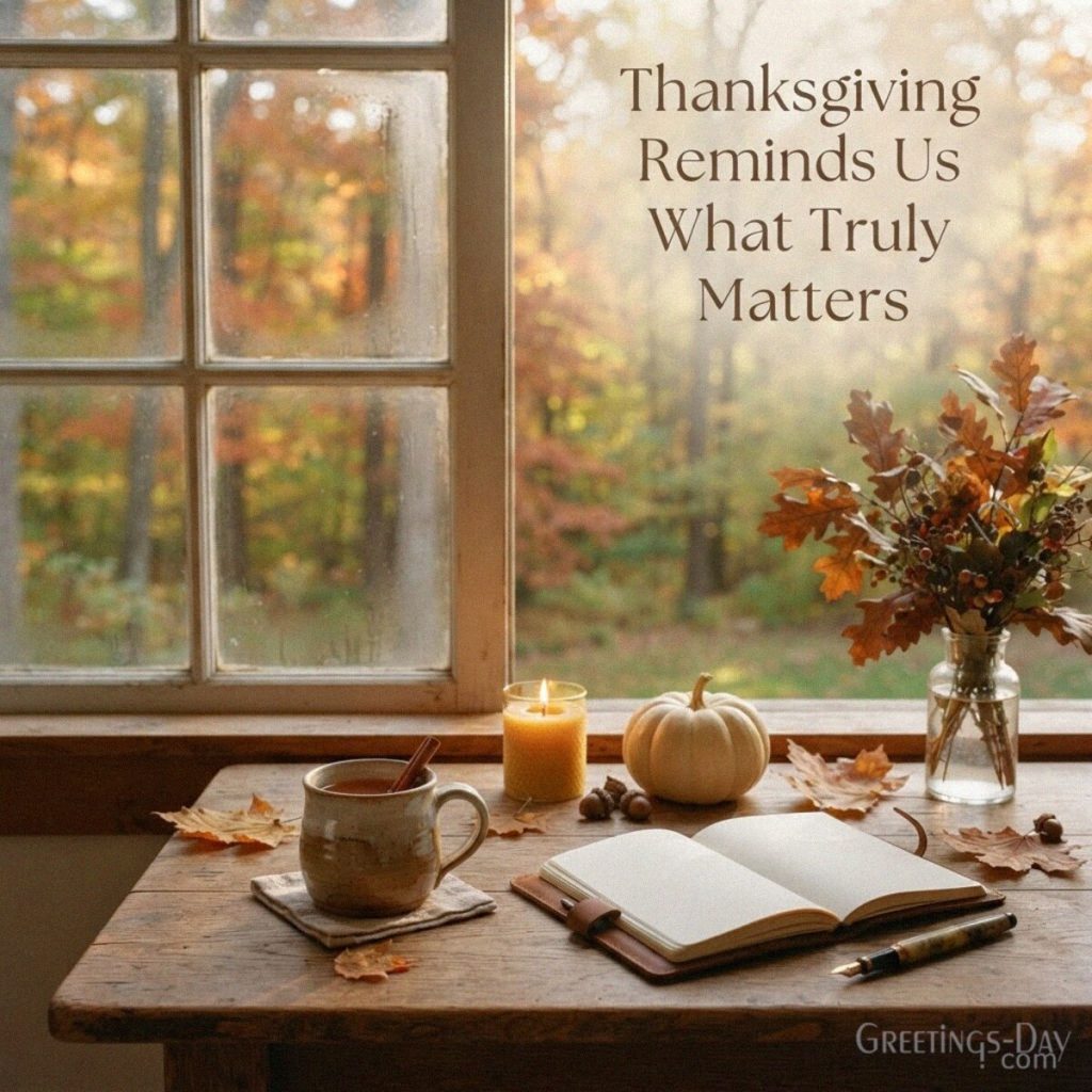 Meaningful Thanksgiving message with a reflective autumn setting featuring “Thanksgiving Reminds Us What Truly Matters” with the text
