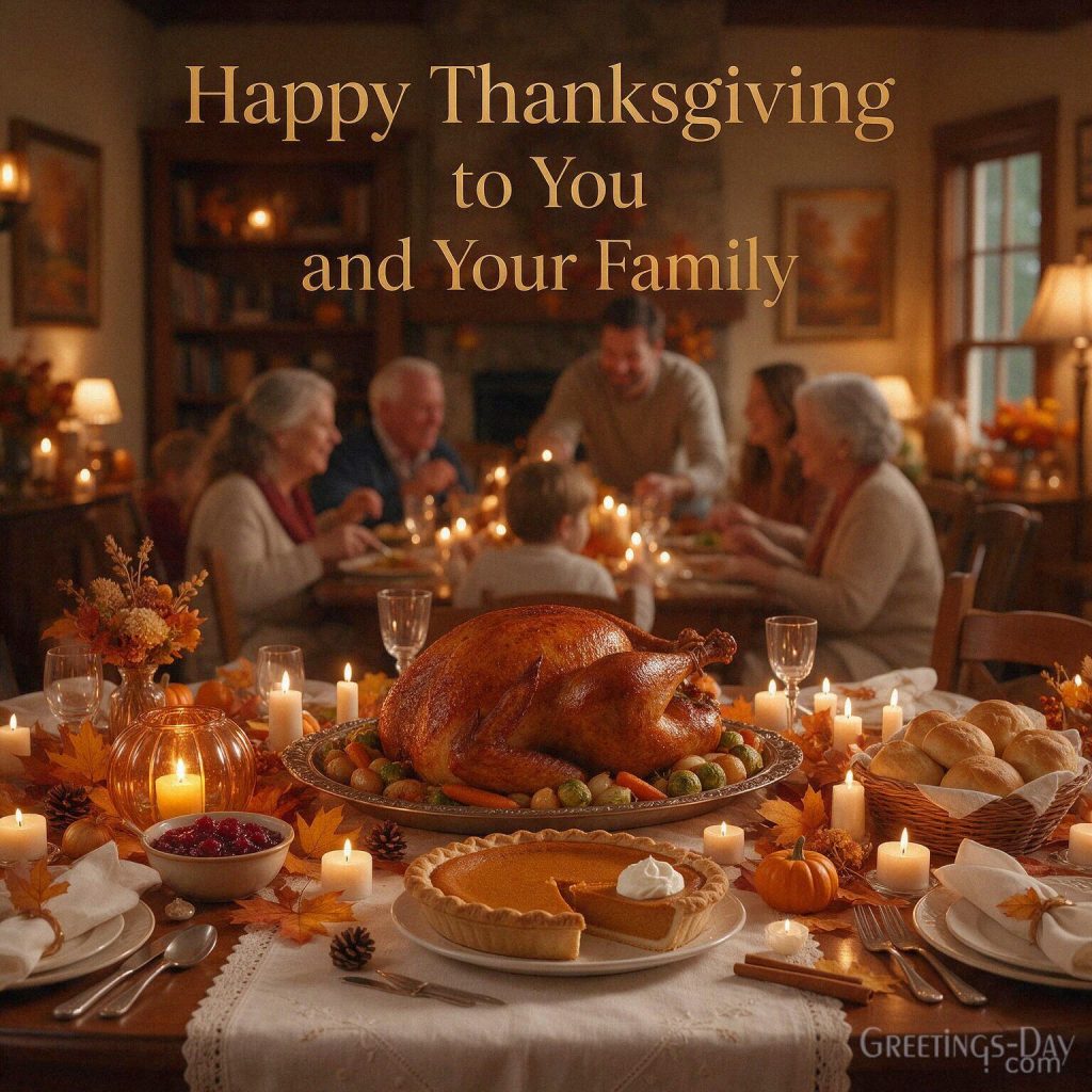 Thanksgiving wishes for family with a cozy holiday dinner featuring “Happy Thanksgiving to You and Your Family” with the text