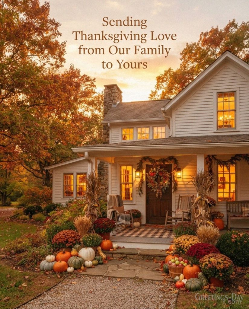Family Thanksgiving wishes with a cozy farmhouse and fall pumpkins featuring “Sending Thanksgiving Love from Our Family to Yours” with the text 