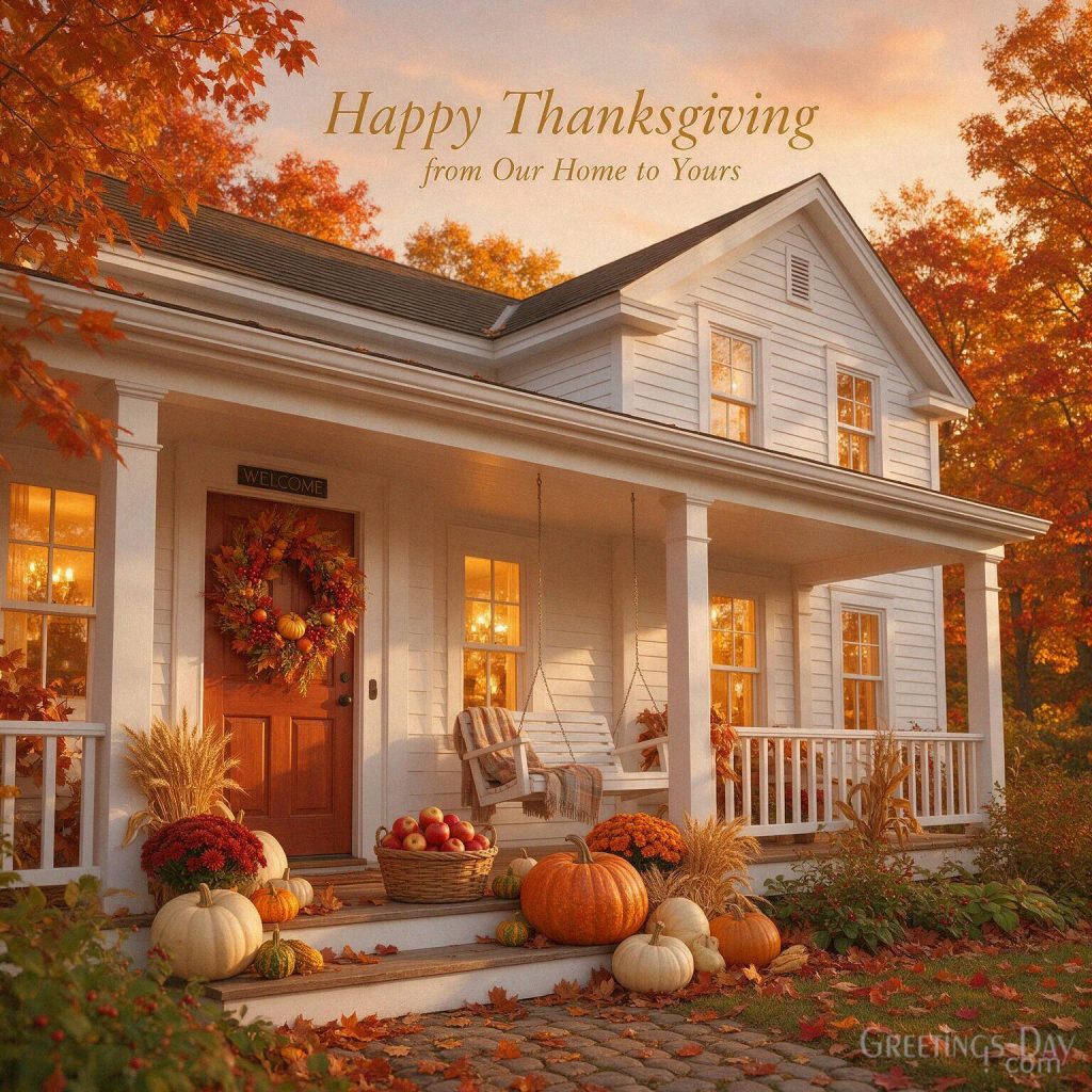 Thanksgiving wishes from our home to yours with a welcoming autumn farmhouse featuring “Happy Thanksgiving from Our Home to Yours” with the text