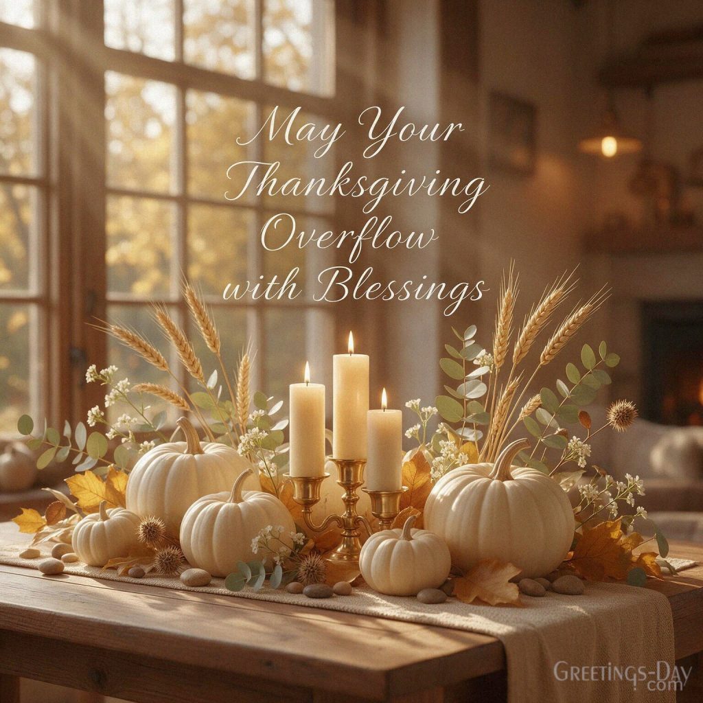 Inspirational Thanksgiving blessing wishes with candles and fall flowers featuring “May Your Thanksgiving Overflow with Blessings” with the text