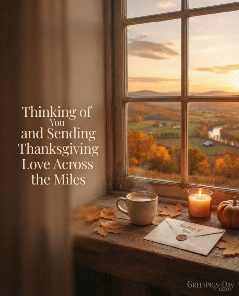 Thinking of you Thanksgiving message with warm candlelight and fall scenery featuring “Thinking of You and Sending Thanksgiving Love Across the Miles” with the text 