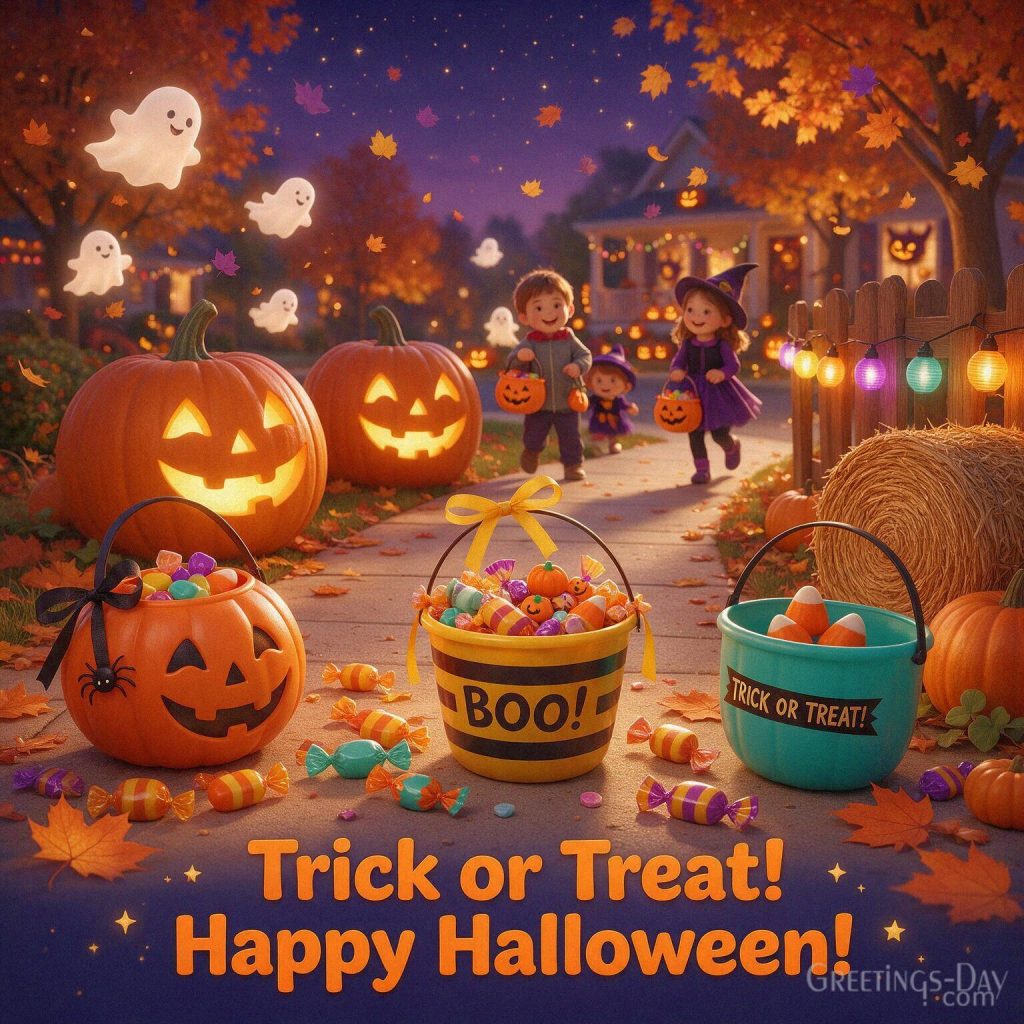 Trick or Treat Happy Halloween greeting for kids with smiling pumpkins