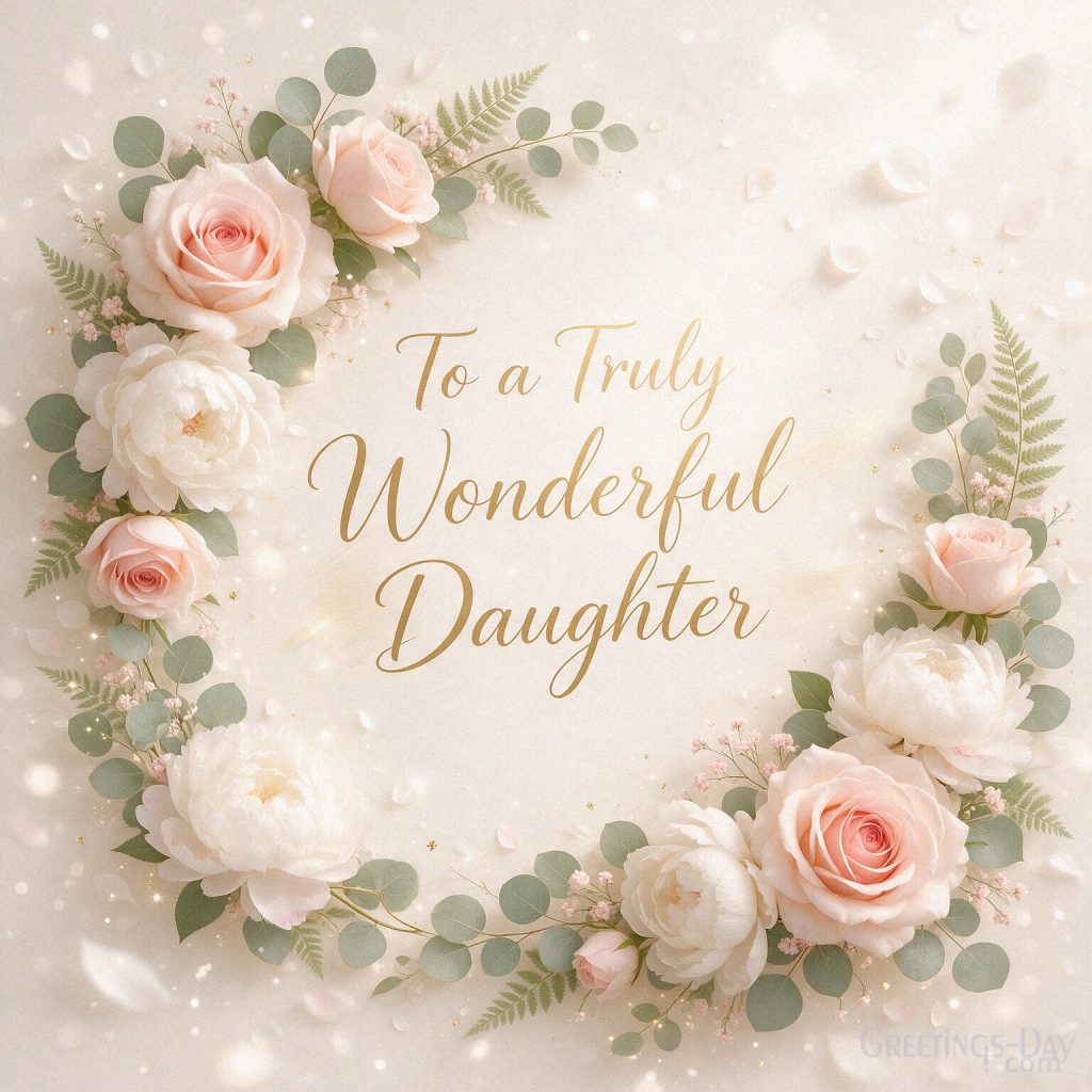 Heartfelt daughter appreciation card reading “To a Truly Wonderful Daughter” with an elegant floral background. with the text 