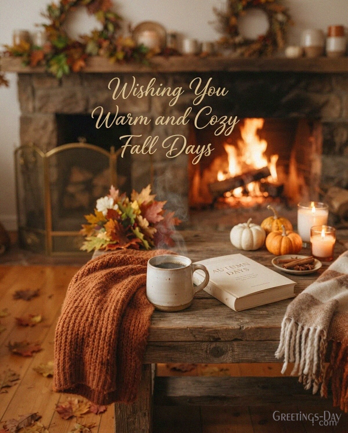 Cozy fall greeting card with coffee and fireplace featuring “Wishing You Warm and Cozy Fall Days” with the text "Wishing You Warm and Cozy Fall Days"