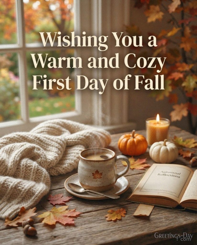 Cozy First Day of Fall image with warm coffee and blanket featuring “Wishing You a Warm and Cozy First Day of Fall” with the text 